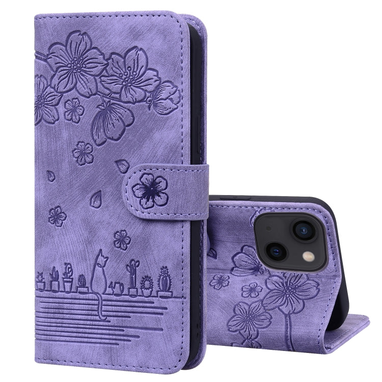 Cartoon Sakura Cat Embossed Leather Case, For iPhone 13 mini, For iPhone 13, For iPhone 13 Pro, For iPhone 13 Pro Max