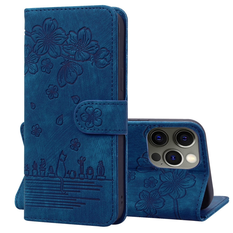 Cartoon Sakura Cat Embossed Leather Case, For iPhone 13 mini, For iPhone 13, For iPhone 13 Pro, For iPhone 13 Pro Max