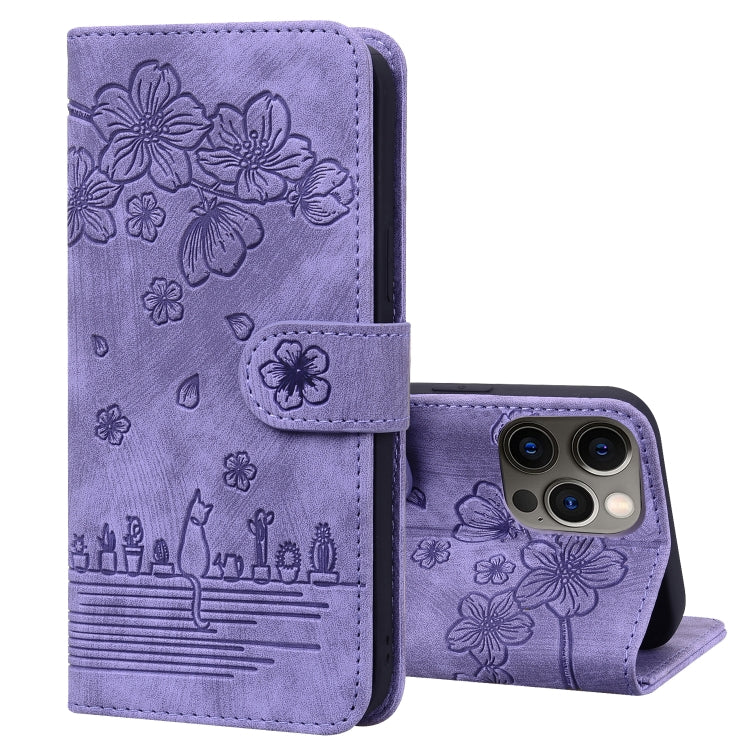 Cartoon Sakura Cat Embossed Leather Case, For iPhone 13 mini, For iPhone 13, For iPhone 13 Pro, For iPhone 13 Pro Max