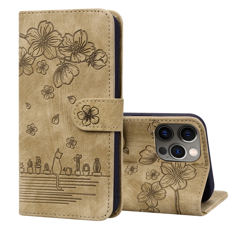 Cartoon Sakura Cat Embossed Leather Case, For iPhone 13 mini, For iPhone 13, For iPhone 13 Pro, For iPhone 13 Pro Max