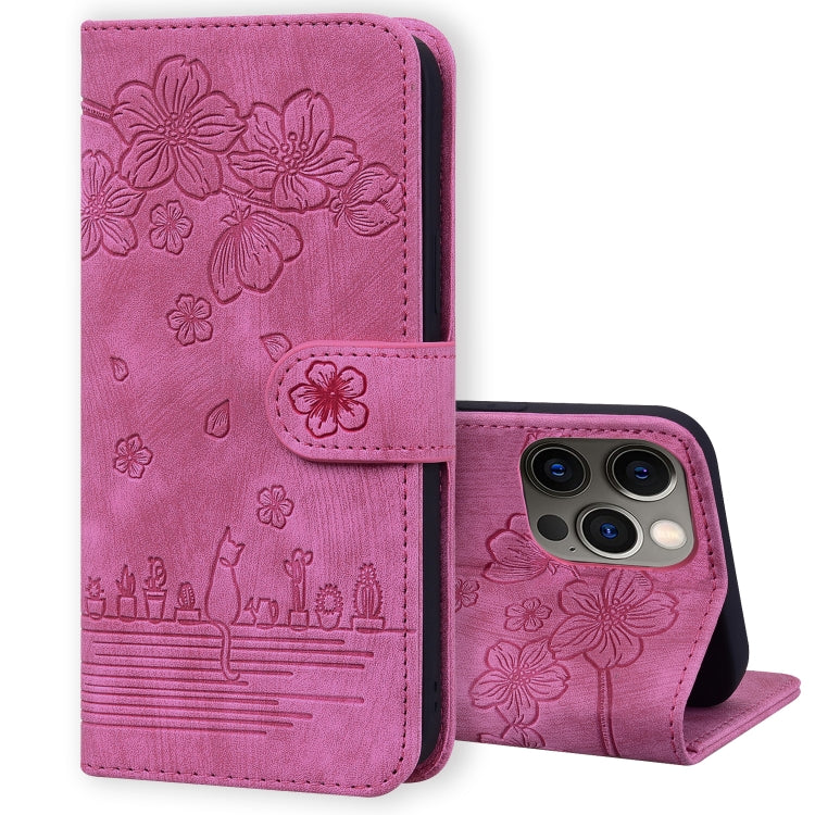 Cartoon Sakura Cat Embossed Leather Case, For iPhone 13 mini, For iPhone 13, For iPhone 13 Pro, For iPhone 13 Pro Max