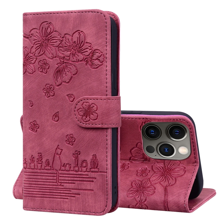 Cartoon Sakura Cat Embossed Leather Case, For iPhone 13 mini, For iPhone 13, For iPhone 13 Pro, For iPhone 13 Pro Max