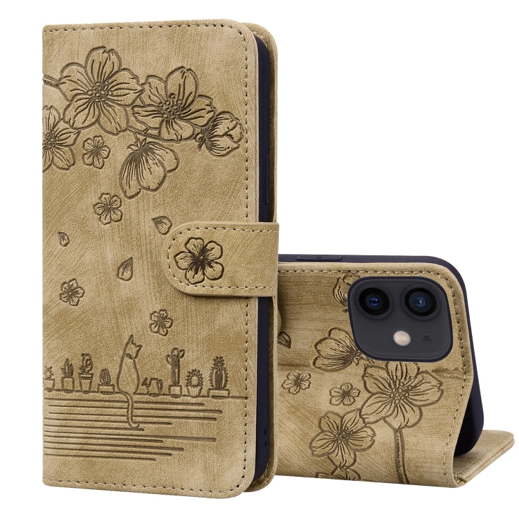 Cartoon Sakura Cat Embossed Leather Case, For iPhone 12 mini, For iPhone 12 / 12 Pro, For iPhone 12 Pro Max, For iPhone 11
