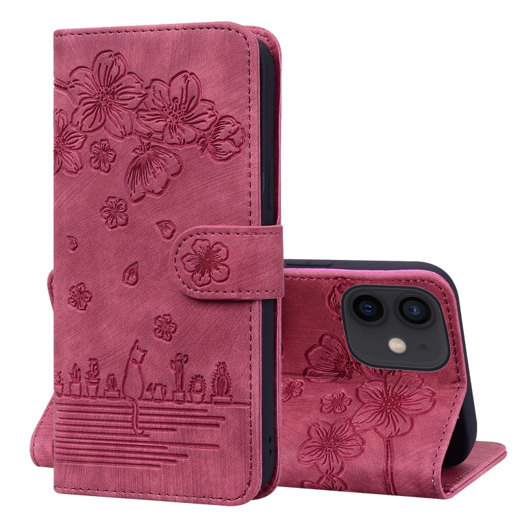 Cartoon Sakura Cat Embossed Leather Case, For iPhone 12 mini, For iPhone 12 / 12 Pro, For iPhone 12 Pro Max, For iPhone 11
