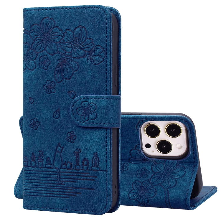 Cartoon Sakura Cat Embossed Leather Case, For iPhone 12 mini, For iPhone 12 / 12 Pro, For iPhone 12 Pro Max, For iPhone 11
