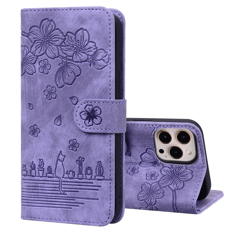 Cartoon Sakura Cat Embossed Leather Case, For iPhone 12 mini, For iPhone 12 / 12 Pro, For iPhone 12 Pro Max, For iPhone 11