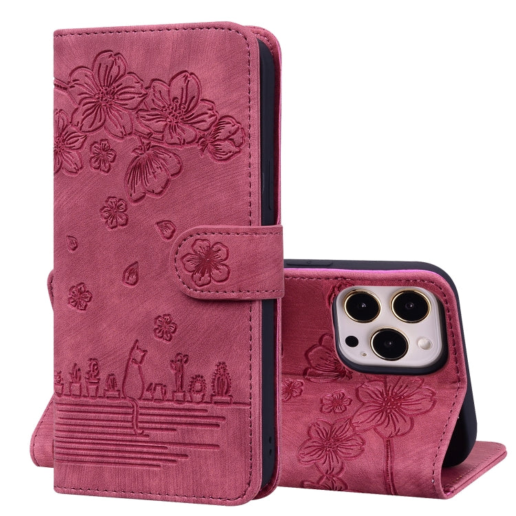 Cartoon Sakura Cat Embossed Leather Case, For iPhone 12 mini, For iPhone 12 / 12 Pro, For iPhone 12 Pro Max, For iPhone 11