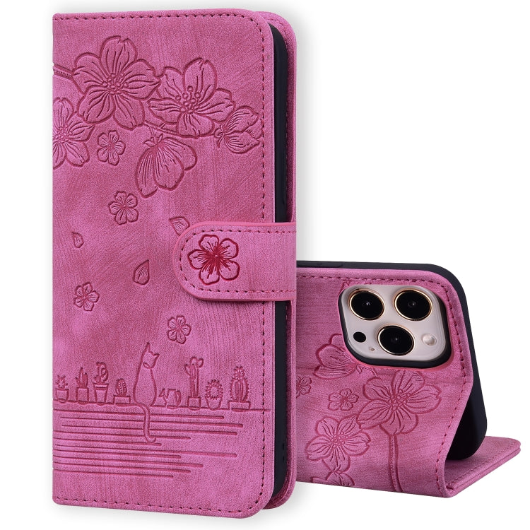 Cartoon Sakura Cat Embossed Leather Case, For iPhone 12 mini, For iPhone 12 / 12 Pro, For iPhone 12 Pro Max, For iPhone 11