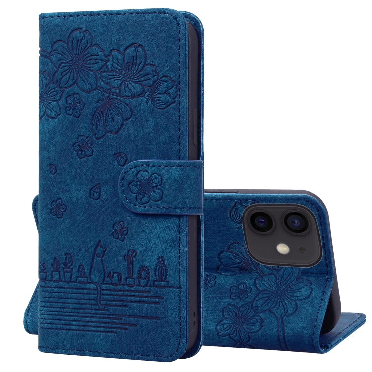 Cartoon Sakura Cat Embossed Leather Case, For iPhone 12 mini, For iPhone 12 / 12 Pro, For iPhone 12 Pro Max, For iPhone 11
