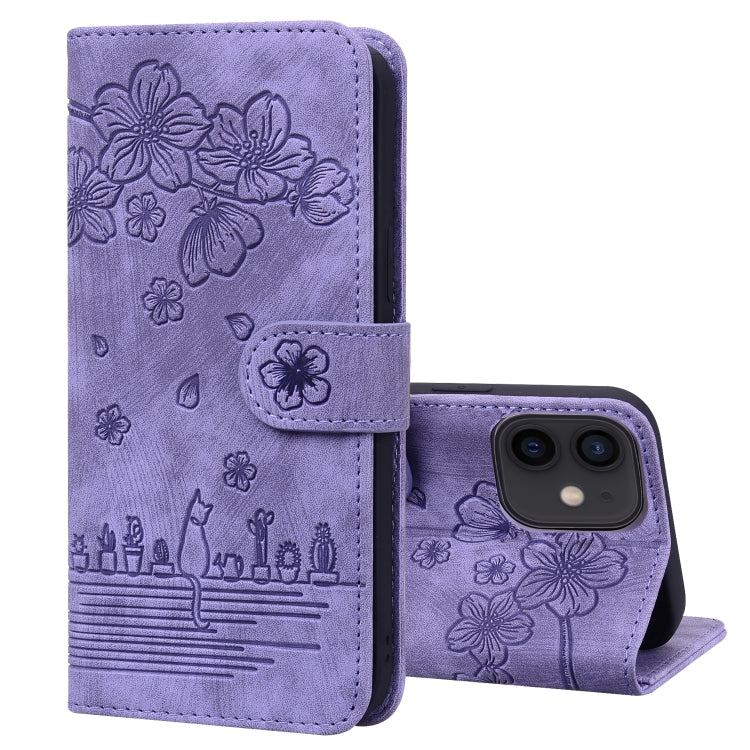 Cartoon Sakura Cat Embossed Leather Case, For iPhone 12 mini, For iPhone 12 / 12 Pro, For iPhone 12 Pro Max, For iPhone 11