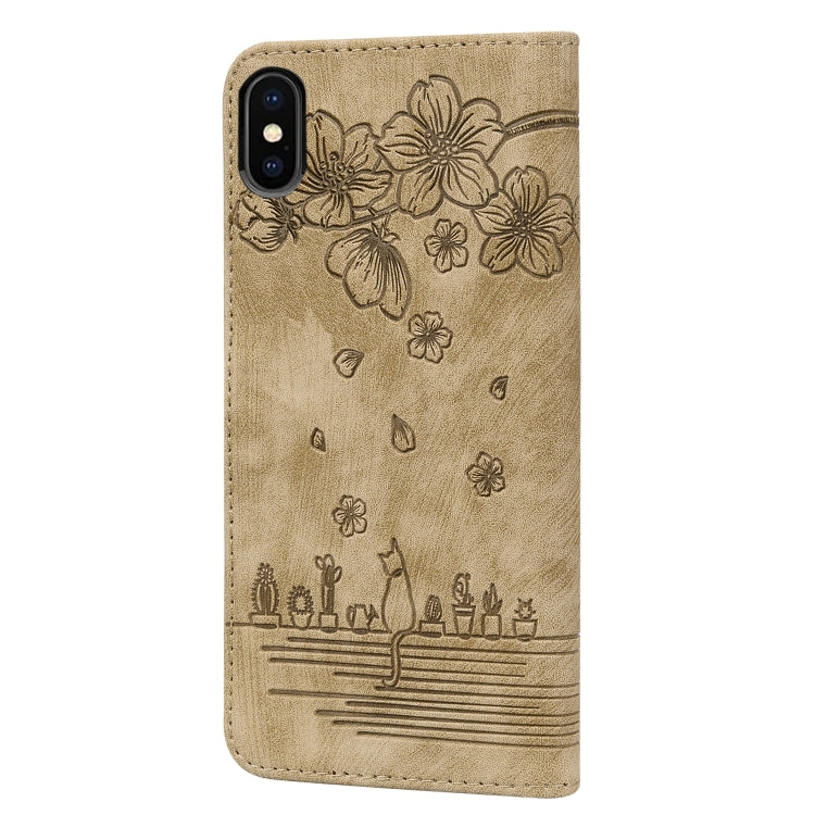 Cartoon Sakura Cat Embossed Leather Case, For iPhone X / XS, For iPhone XR, For iPhone XS Max, For iPhone SE 2022 / SE 2020 / 7 / 8