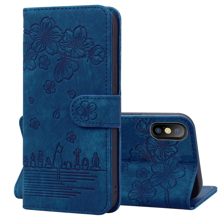 Cartoon Sakura Cat Embossed Leather Case, For iPhone X / XS, For iPhone XR, For iPhone XS Max, For iPhone SE 2022 / SE 2020 / 7 / 8