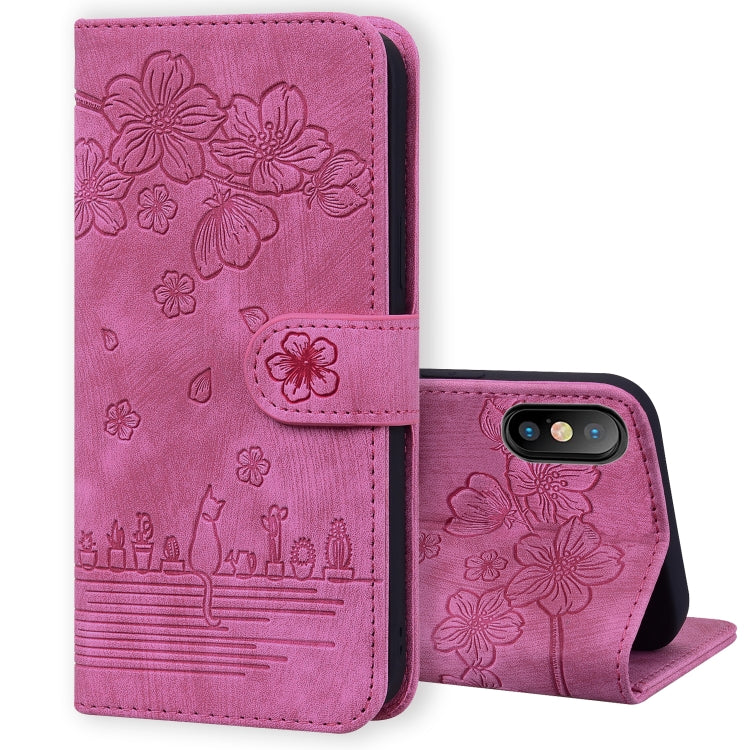 Cartoon Sakura Cat Embossed Leather Case, For iPhone X / XS, For iPhone XR, For iPhone XS Max, For iPhone SE 2022 / SE 2020 / 7 / 8