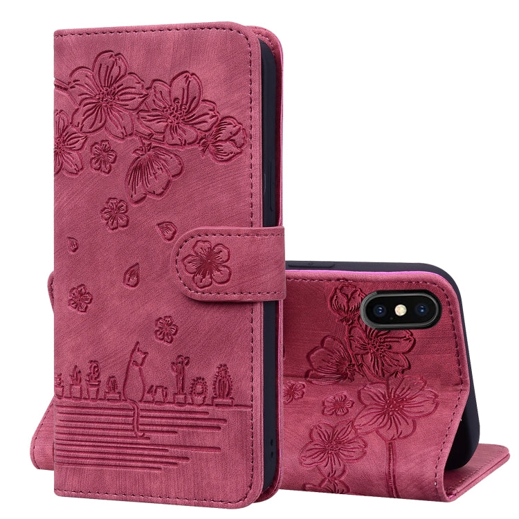 Cartoon Sakura Cat Embossed Leather Case, For iPhone X / XS, For iPhone XR, For iPhone XS Max, For iPhone SE 2022 / SE 2020 / 7 / 8