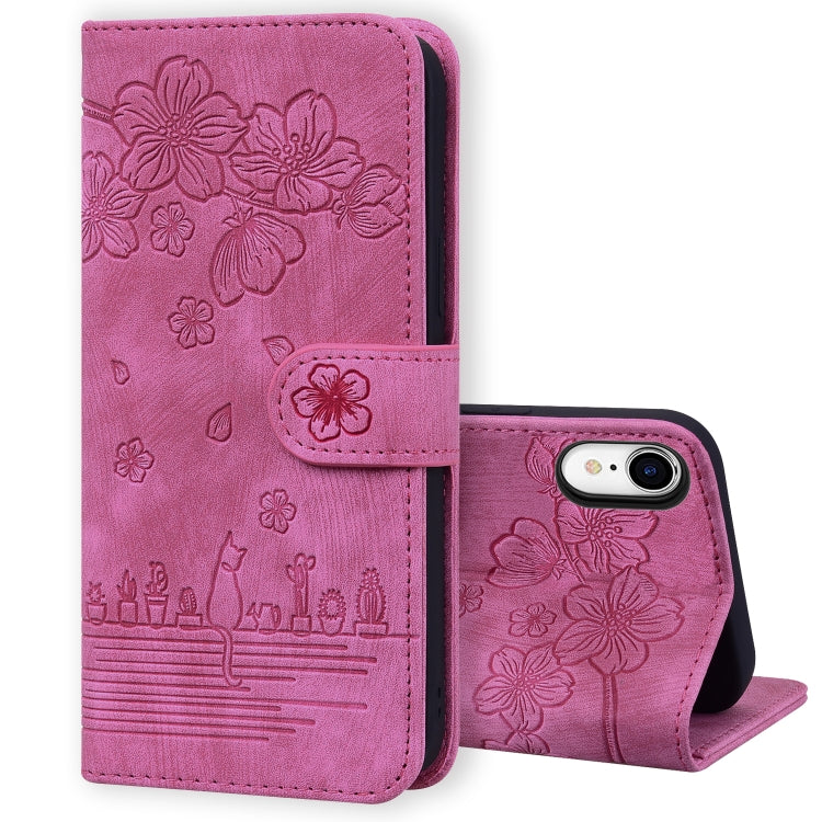 Cartoon Sakura Cat Embossed Leather Case, For iPhone X / XS, For iPhone XR, For iPhone XS Max, For iPhone SE 2022 / SE 2020 / 7 / 8