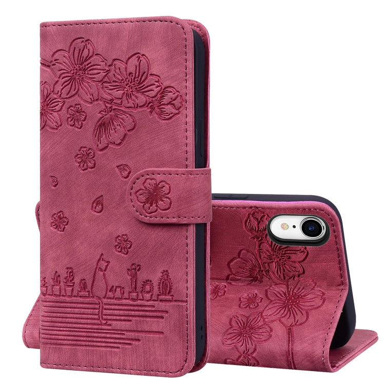 Cartoon Sakura Cat Embossed Leather Case, For iPhone X / XS, For iPhone XR, For iPhone XS Max, For iPhone SE 2022 / SE 2020 / 7 / 8