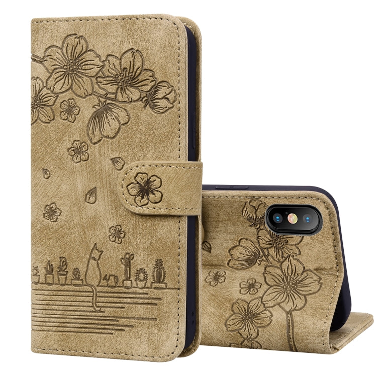 Cartoon Sakura Cat Embossed Leather Case, For iPhone X / XS, For iPhone XR, For iPhone XS Max, For iPhone SE 2022 / SE 2020 / 7 / 8