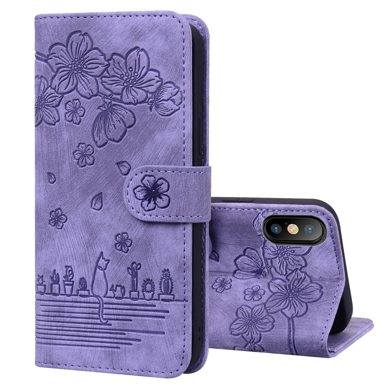 Cartoon Sakura Cat Embossed Leather Case, For iPhone X / XS, For iPhone XR, For iPhone XS Max, For iPhone SE 2022 / SE 2020 / 7 / 8