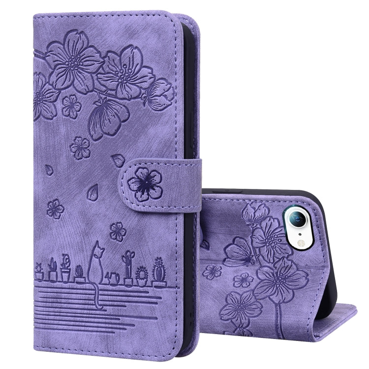 Cartoon Sakura Cat Embossed Leather Case, For iPhone X / XS, For iPhone XR, For iPhone XS Max, For iPhone SE 2022 / SE 2020 / 7 / 8