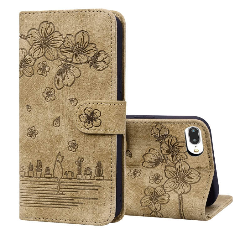Cartoon Sakura Cat Embossed Leather Case, For iPhone 7 Plus / 8 Plus