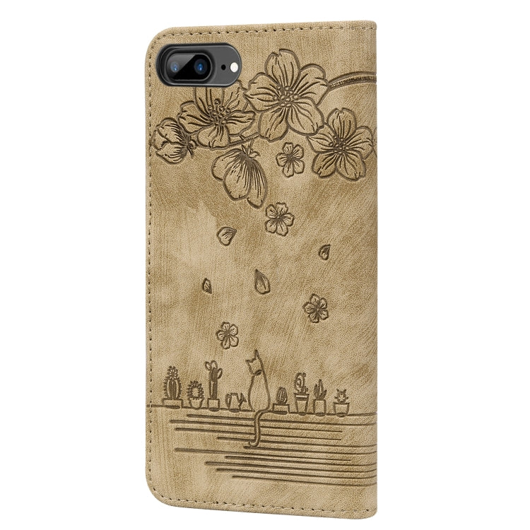 Cartoon Sakura Cat Embossed Leather Case, For iPhone 7 Plus / 8 Plus