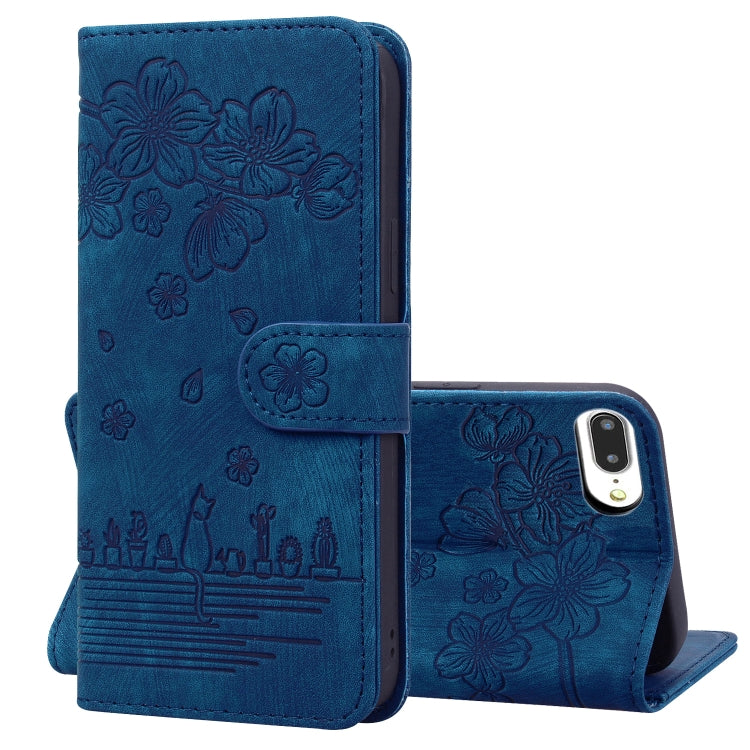 Cartoon Sakura Cat Embossed Leather Case, For iPhone 7 Plus / 8 Plus
