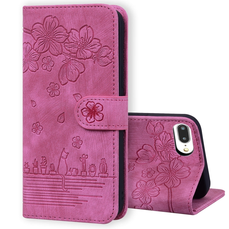 Cartoon Sakura Cat Embossed Leather Case, For iPhone 7 Plus / 8 Plus