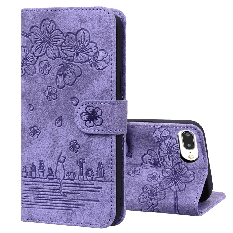 Cartoon Sakura Cat Embossed Leather Case, For iPhone 7 Plus / 8 Plus