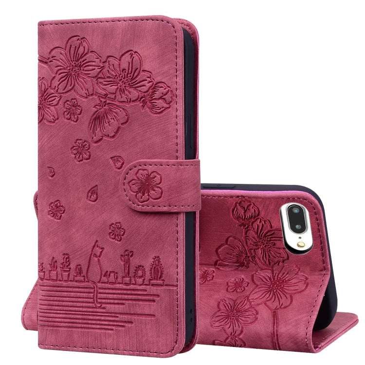 Cartoon Sakura Cat Embossed Leather Case, For iPhone 7 Plus / 8 Plus