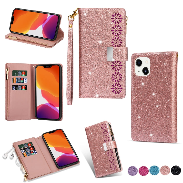 Multi-card Slots Laser Carving Glitter Zipper Leather Case, For iPhone 14, For iPhone 14 Max, For iPhone 14 Pro, For iPhone 14 Pro Max