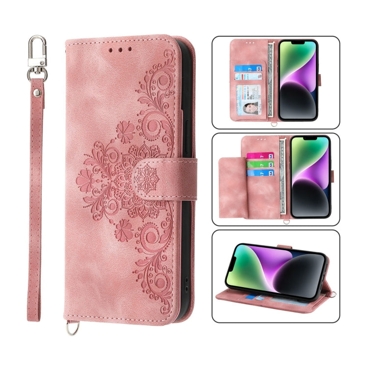 Skin-feel Flowers Embossed Wallet Leather Phone Case, For iPhone 14, For iPhone 14 Plus, For iPhone 14 Pro, For iPhone 14 Pro Max