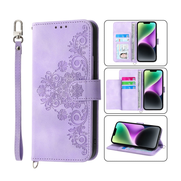 Skin-feel Flowers Embossed Wallet Leather Phone Case, For iPhone 14, For iPhone 14 Plus, For iPhone 14 Pro, For iPhone 14 Pro Max