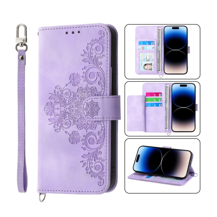 Skin-feel Flowers Embossed Wallet Leather Phone Case, For iPhone 14, For iPhone 14 Plus, For iPhone 14 Pro, For iPhone 14 Pro Max
