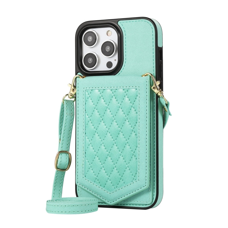 Rhombic Texture RFID Phone Case with Lanyard & Mirror, For iPhone 14 Pro Max, For iPhone 14 Pro, For iPhone 14, For iPhone 14 Plus
