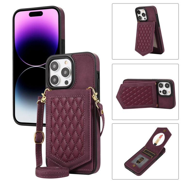 Rhombic Texture RFID Phone Case with Lanyard & Mirror, For iPhone 14 Pro Max, For iPhone 14 Pro, For iPhone 14, For iPhone 14 Plus