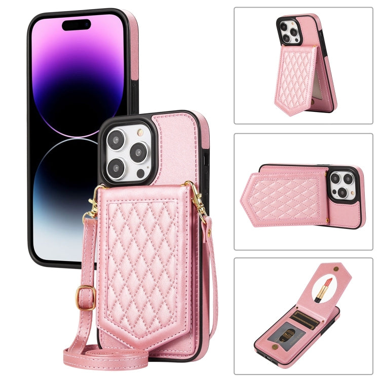 Rhombic Texture RFID Phone Case with Lanyard & Mirror, For iPhone 14 Pro Max, For iPhone 14 Pro, For iPhone 14, For iPhone 14 Plus