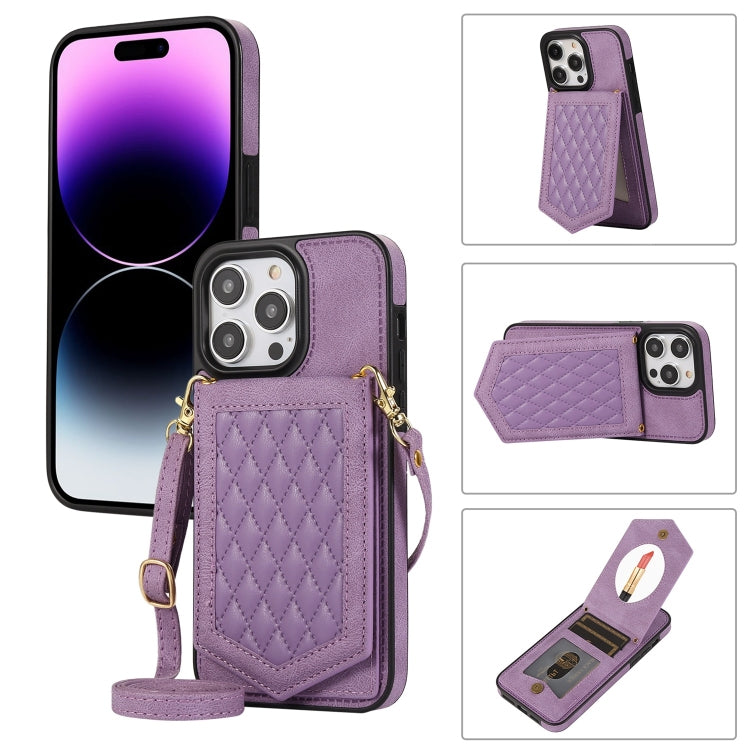 Rhombic Texture RFID Phone Case with Lanyard & Mirror, For iPhone 14 Pro Max, For iPhone 14 Pro, For iPhone 14, For iPhone 14 Plus
