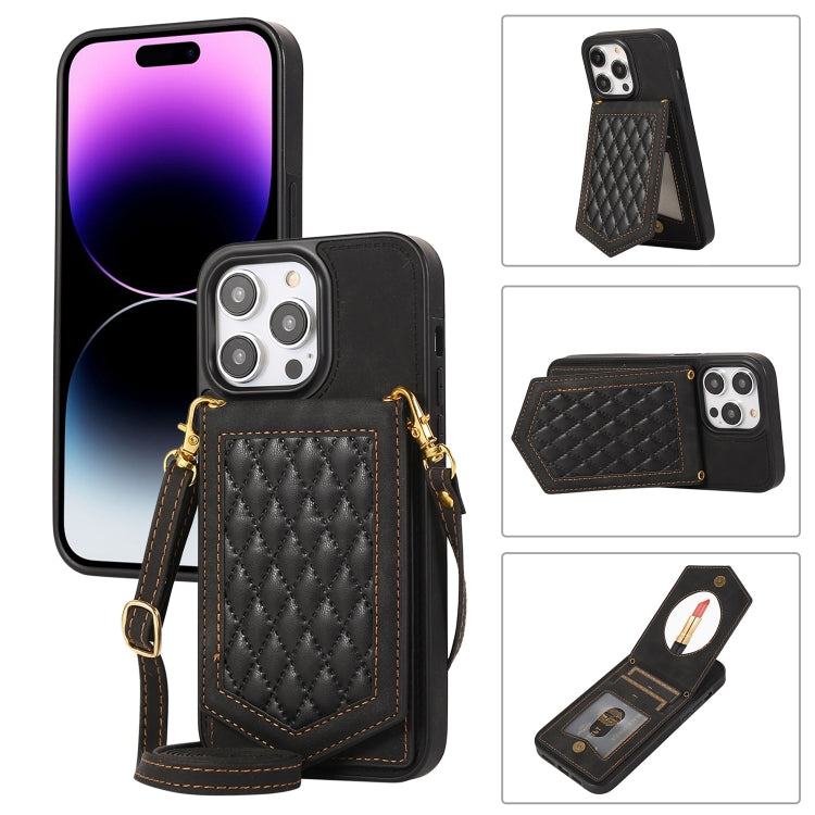 Rhombic Texture RFID Phone Case with Lanyard & Mirror, For iPhone 14 Pro Max, For iPhone 14 Pro, For iPhone 14, For iPhone 14 Plus