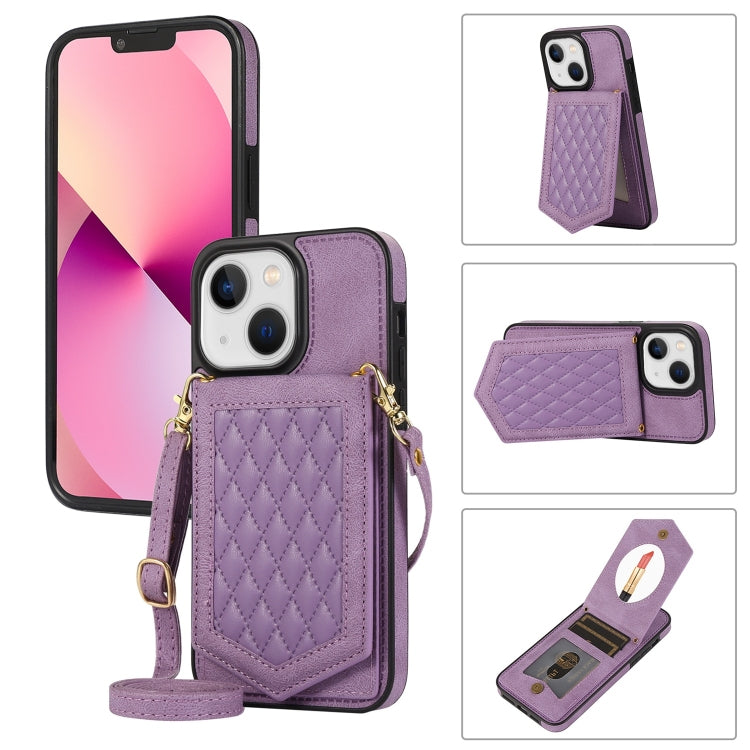 Rhombic Texture RFID Phone Case with Lanyard & Mirror, For iPhone 14 Pro Max, For iPhone 14 Pro, For iPhone 14, For iPhone 14 Plus