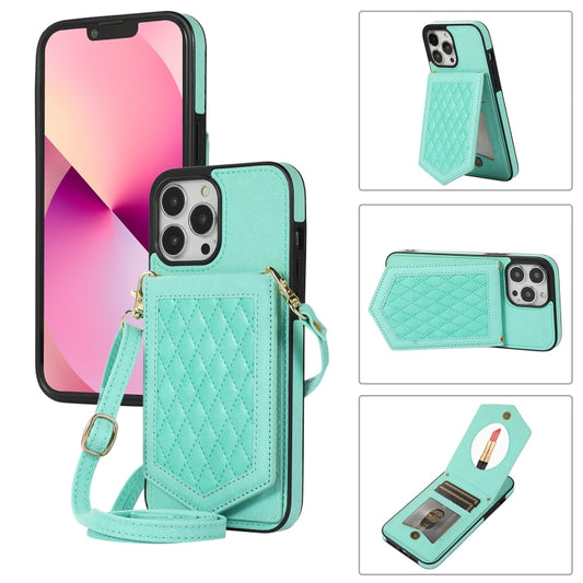Rhombic Texture RFID Phone Case with Lanyard & Mirror, For iPhone 13 Pro Max, For iPhone 13 Pro, For iPhone 13, For iPhone 13 mini