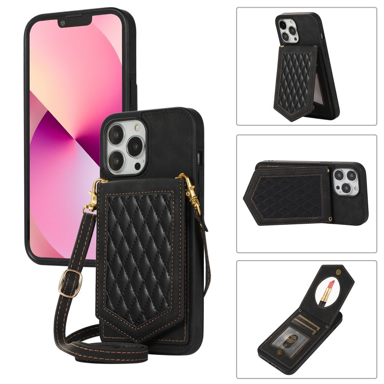 Rhombic Texture RFID Phone Case with Lanyard & Mirror, For iPhone 13 Pro Max, For iPhone 13 Pro, For iPhone 13, For iPhone 13 mini