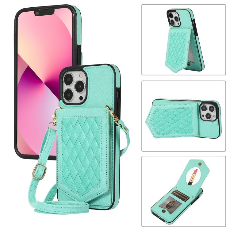 Rhombic Texture RFID Phone Case with Lanyard & Mirror, For iPhone 13 Pro Max, For iPhone 13 Pro, For iPhone 13, For iPhone 13 mini