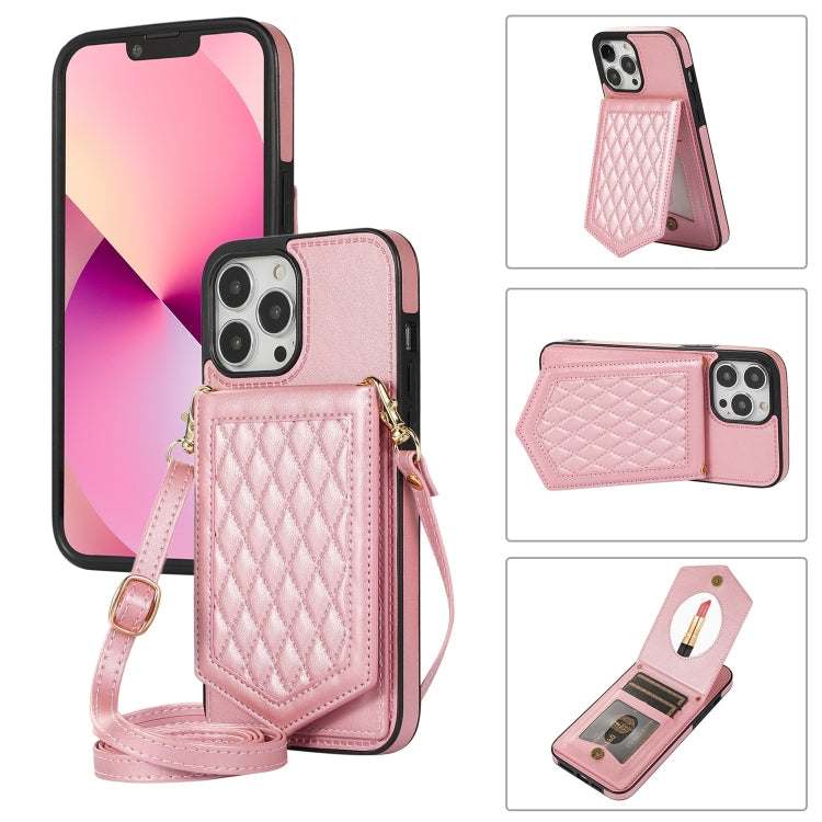 Rhombic Texture RFID Phone Case with Lanyard & Mirror, For iPhone 13 Pro Max, For iPhone 13 Pro, For iPhone 13, For iPhone 13 mini