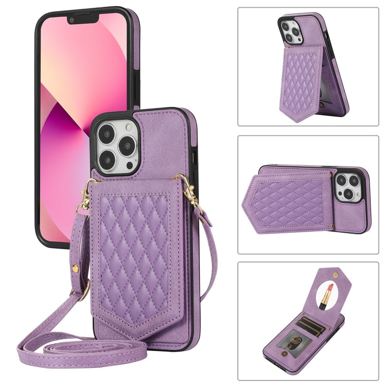 Rhombic Texture RFID Phone Case with Lanyard & Mirror, For iPhone 13 Pro Max, For iPhone 13 Pro, For iPhone 13, For iPhone 13 mini