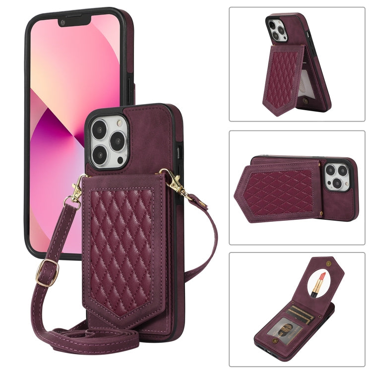 Rhombic Texture RFID Phone Case with Lanyard & Mirror, For iPhone 13 Pro Max, For iPhone 13 Pro, For iPhone 13, For iPhone 13 mini
