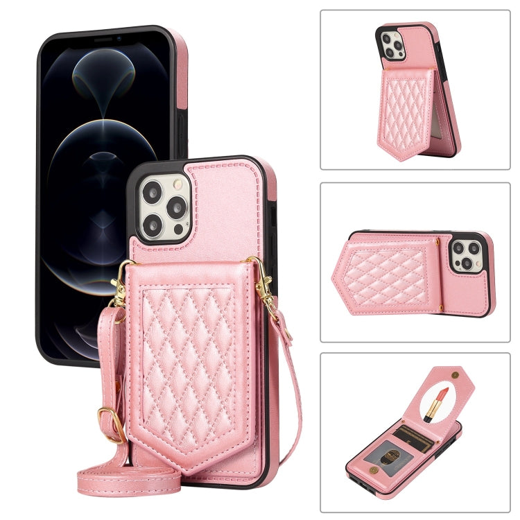 Rhombic Texture RFID Phone Case with Lanyard & Mirror, For iPhone 12 Pro Max, For iPhone 12 / 12 Pro, For iPhone 12 mini, For iPhone 11 Pro Max