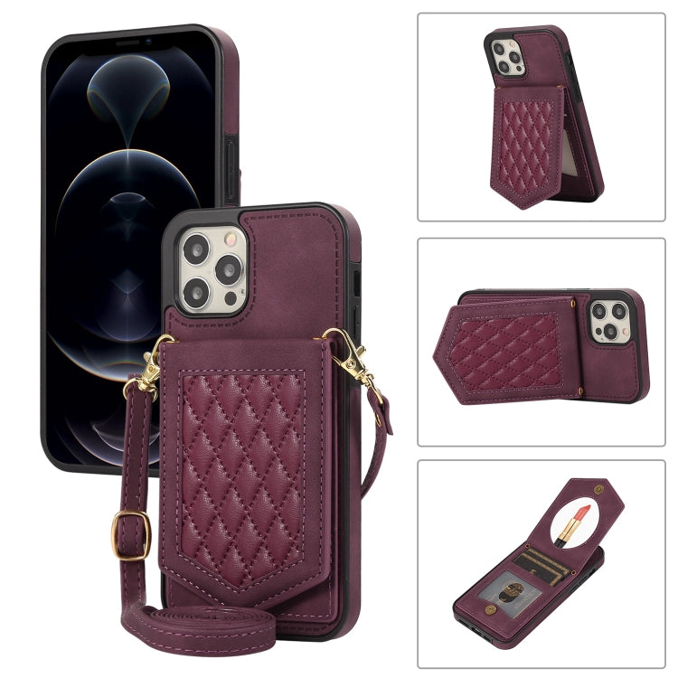 Rhombic Texture RFID Phone Case with Lanyard & Mirror, For iPhone 12 Pro Max, For iPhone 12 / 12 Pro, For iPhone 12 mini, For iPhone 11 Pro Max