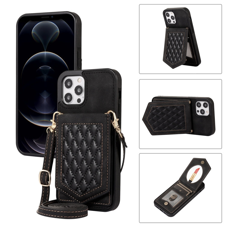 Rhombic Texture RFID Phone Case with Lanyard & Mirror, For iPhone 12 Pro Max, For iPhone 12 / 12 Pro, For iPhone 12 mini, For iPhone 11 Pro Max