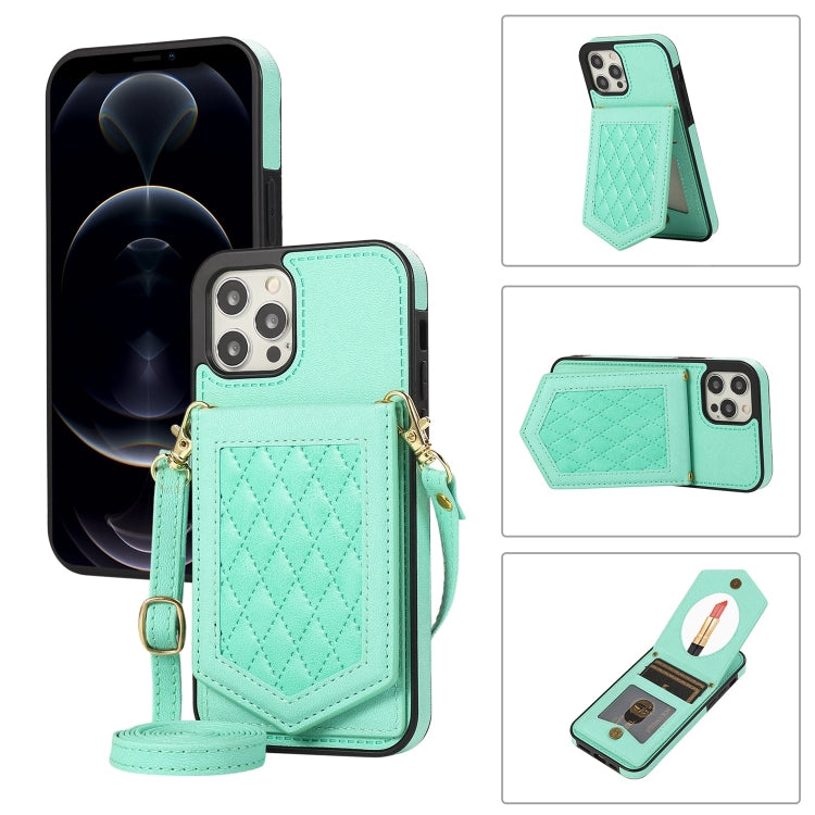 Rhombic Texture RFID Phone Case with Lanyard & Mirror, For iPhone 12 Pro Max, For iPhone 12 / 12 Pro, For iPhone 12 mini, For iPhone 11 Pro Max