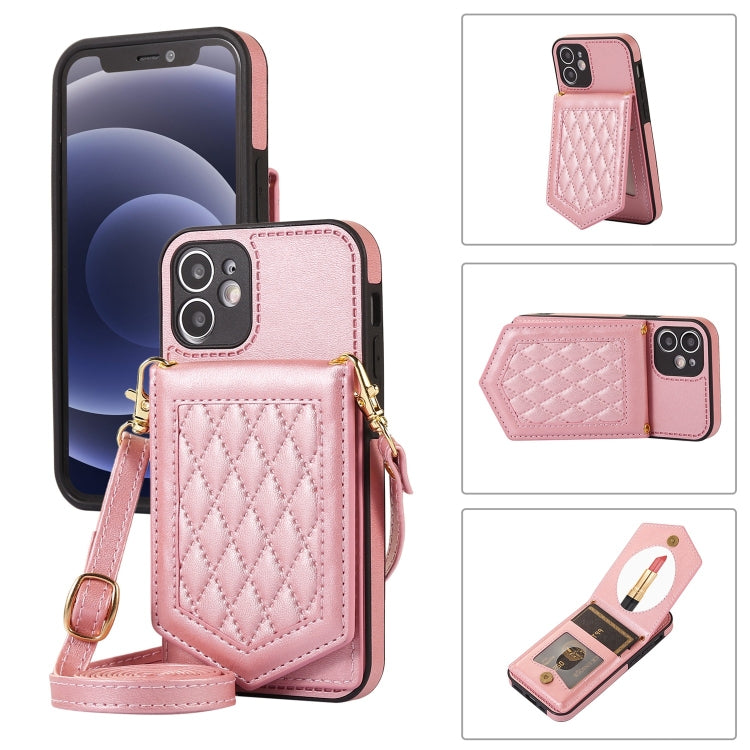 Rhombic Texture RFID Phone Case with Lanyard & Mirror, For iPhone 12 Pro Max, For iPhone 12 / 12 Pro, For iPhone 12 mini, For iPhone 11 Pro Max